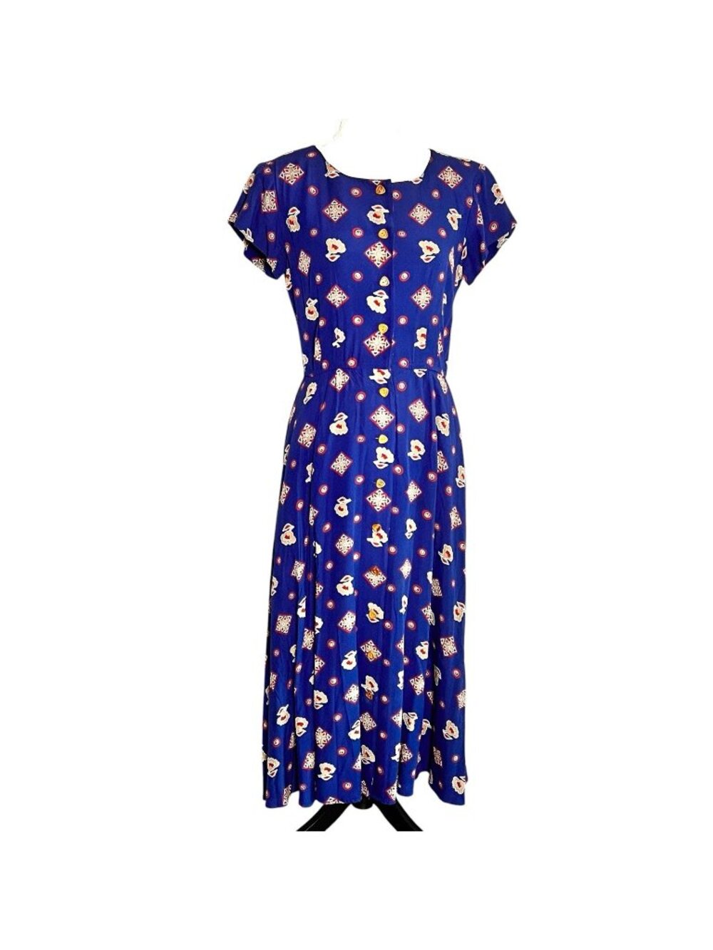 90s Liz Claiborne Blue Rayon Midi Dress Geometric Novelty Print Button Front M